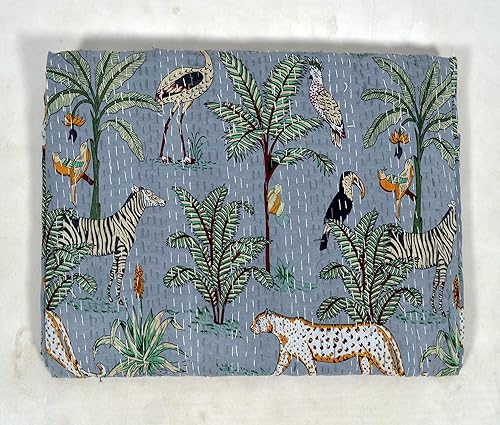 Miniatura 6 de V Vedant Designs Colcha de algodón reversible con estampado floral indio Kantha con estampado de animales, tamaño TwinQueenKing, Vintage Kantha