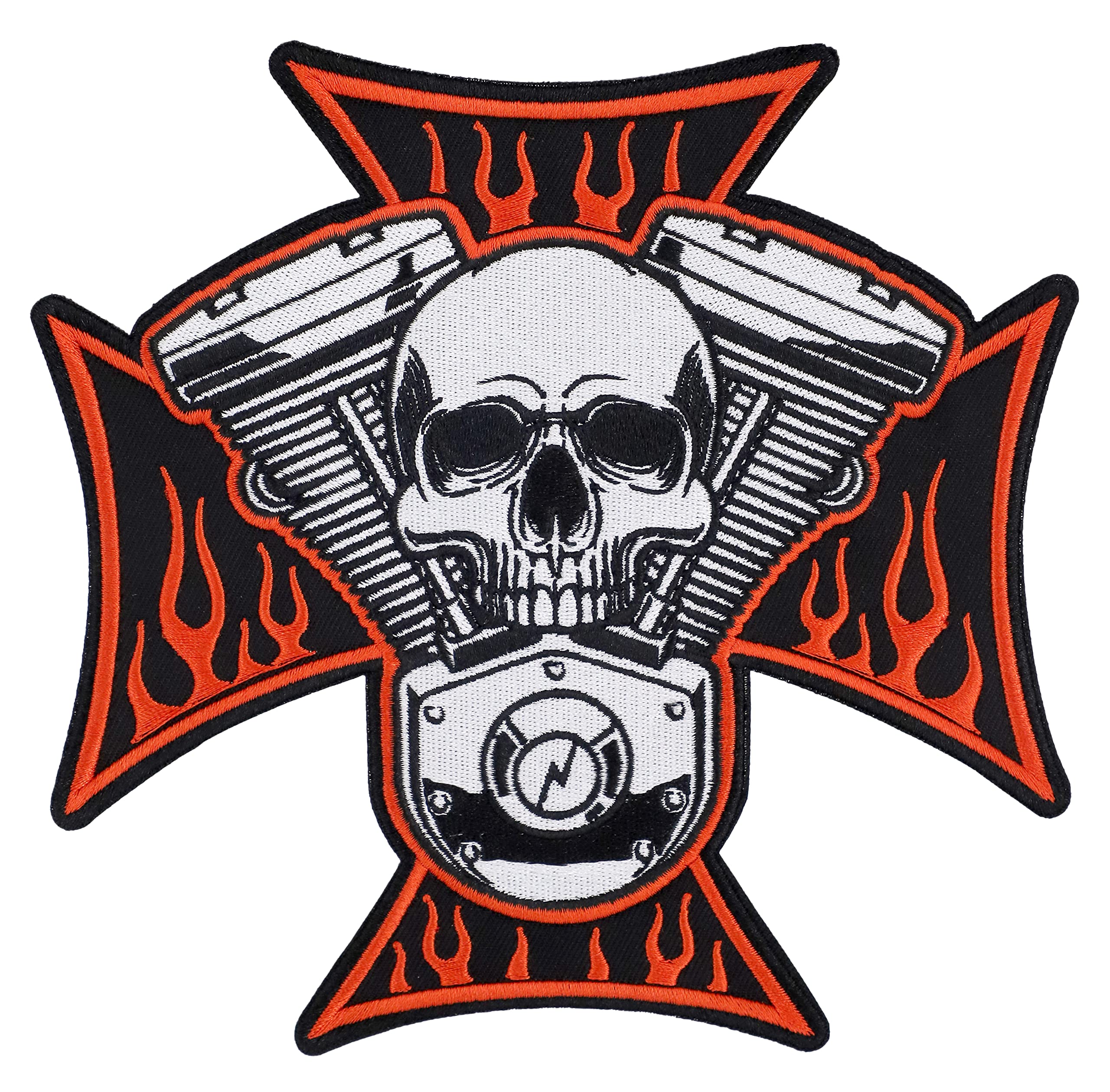 Unisex Iron on Embroidered Biker Patch X-Large for Clothing (Large - HD Cross Skull & Flame)