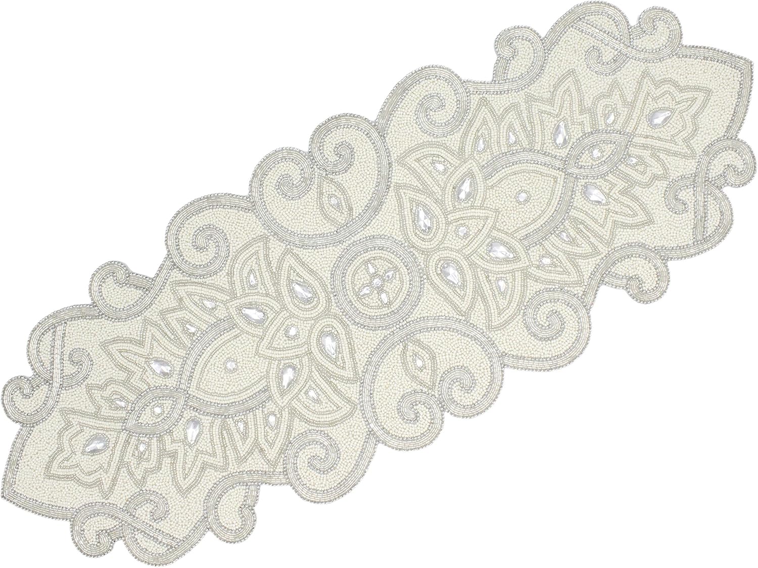 COTTON CRAFT Mila Scroll Handmade Beaded Table Runner 13x36 Ivory Silver - Halloween Thanksgiving Christmas Fall Decor