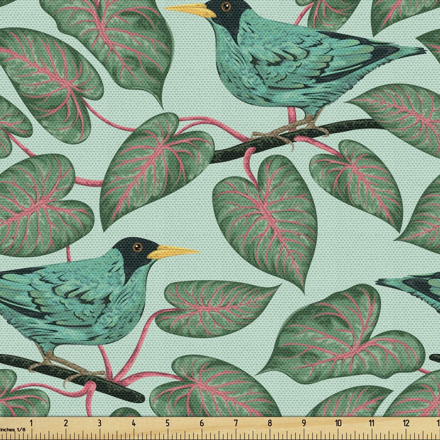 Ambesonne Tropical Fabric by The Yard, Exotic Flora and Fauna Vintage Illustration with Birds and Jungle Plants Foliage, Decorative Fabric for Upholstery and Home Accents, 2 Yards, Multicolor