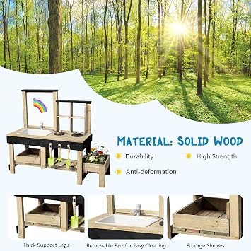 Mud Kitchen Playset for, Outdoor Wooden Toy Play Kitchen Set for Boys and Girls, Kitchen Accessories and Garden Sink with Faucet, Blackboard (Black1)
