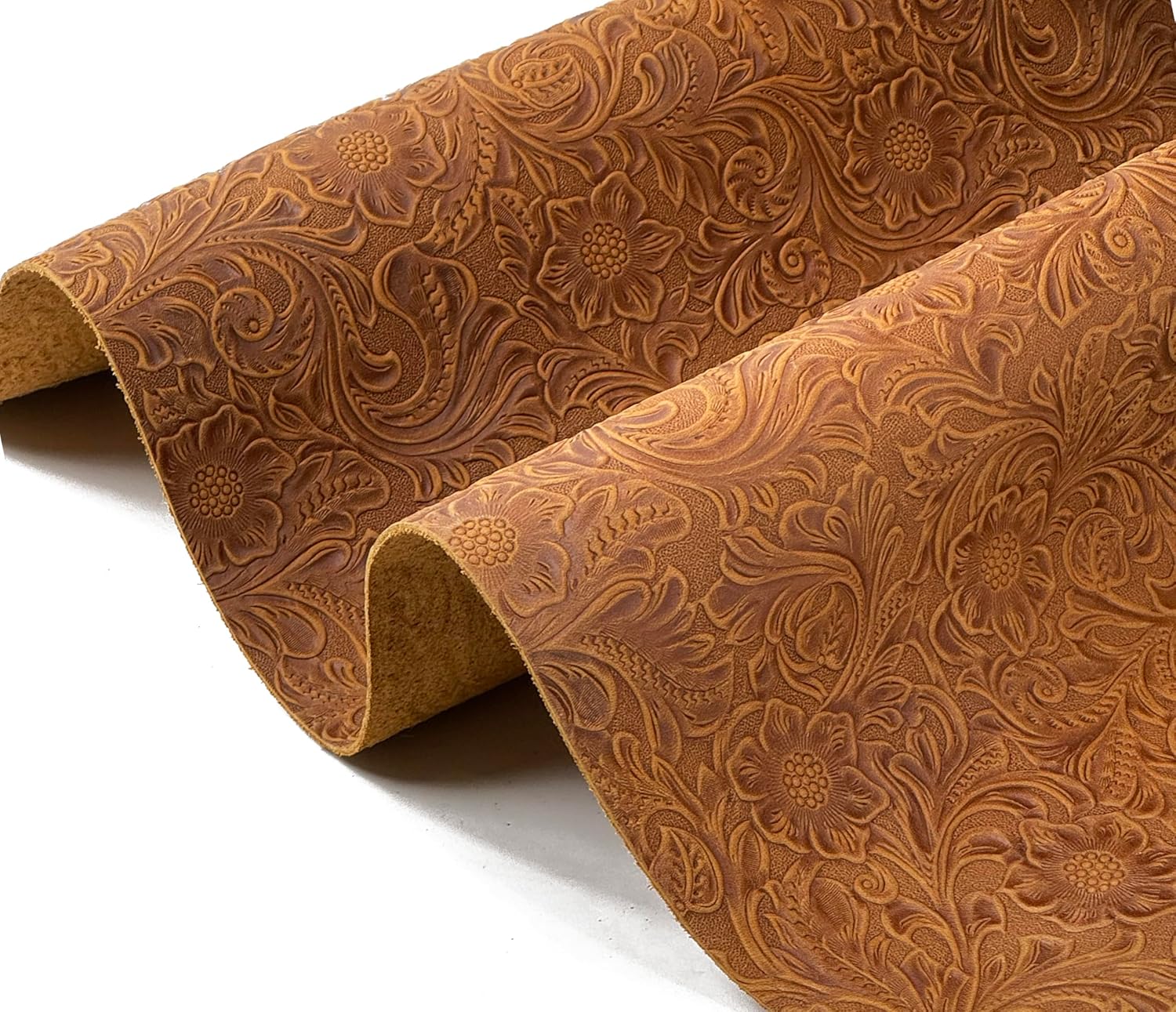 Western Style Bump Texture Geometric Pattern 2.0mm(5-5.5oz) Genuine Leather Sheet, Floral Tooling Craft Leather for DIY Projects (Bourbon Brown | Pattern 12"x24")