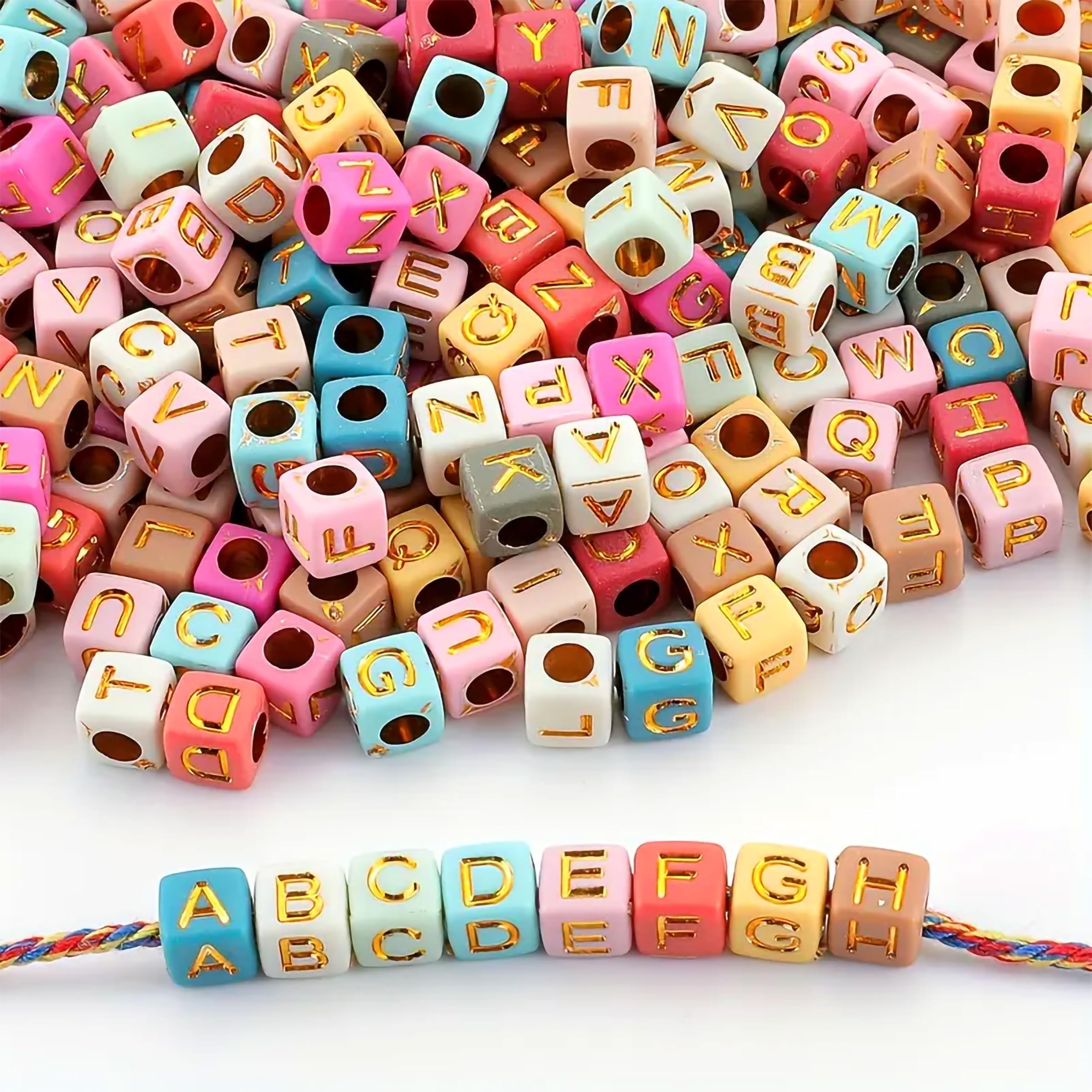 INDIKONB Alphabet Letter Cube 6mm | Colorful Alphabet for Bracelets | Cube Letter for Jewelry Making, DIY Crafts, and Personalized Accessories | 650 Pieces (Gold Multicolor)-image-41