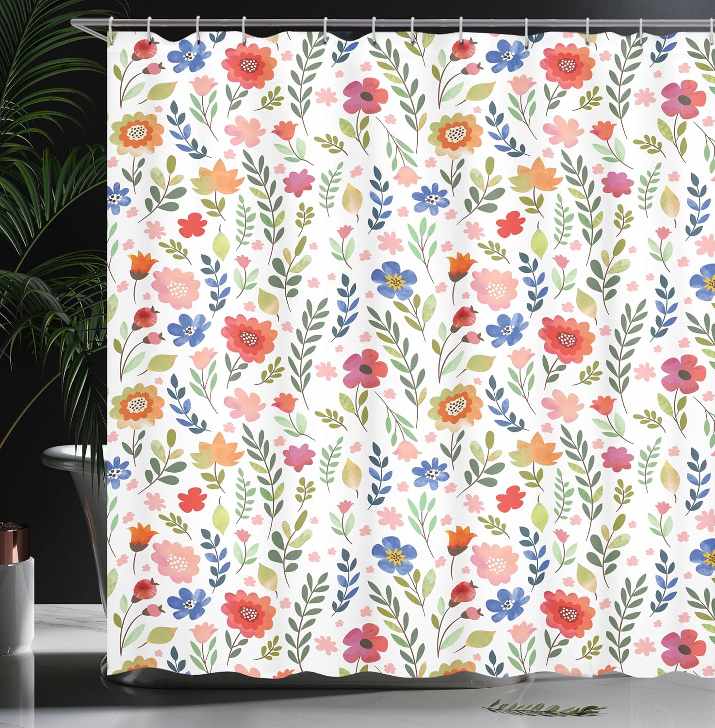 Ambesonne Flower Shower Curtain, Shabby Form Botany Florets Soft Tones Feminine Flourishing Wreath Watercolor Design, Cloth Fabric Bathroom Decor Set with Hooks, 69" W x 75" L, Multicolor Blue