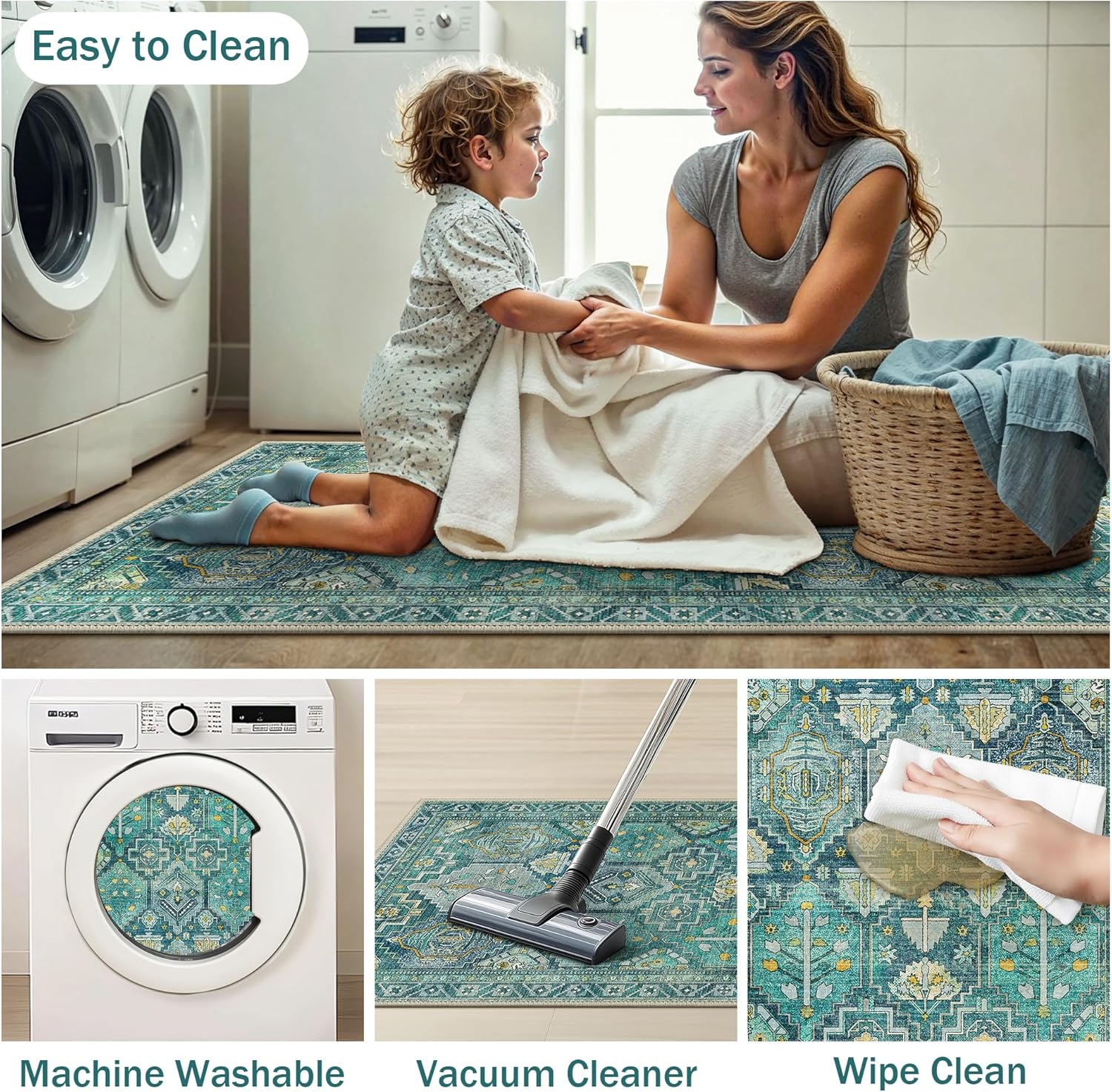 GENIMO Kitchen Mats for Floor Set of 3 Non-Slip Washable, Waterproof Lightweight Kitchen Rugs, Kitchen Floor Mat Runner Rug Carpet for Laundry, Sink, Hallway, Bathroom, Entryway, Dark Green