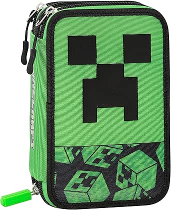 Minecraft – Estuche escolar oficial Minecraft, estuche con 3 compartimentos para niños y jóvenes con juego de papelería incluido, 5 etiquetas adhesivas portanombre y práctico cierre de cremallera, 13