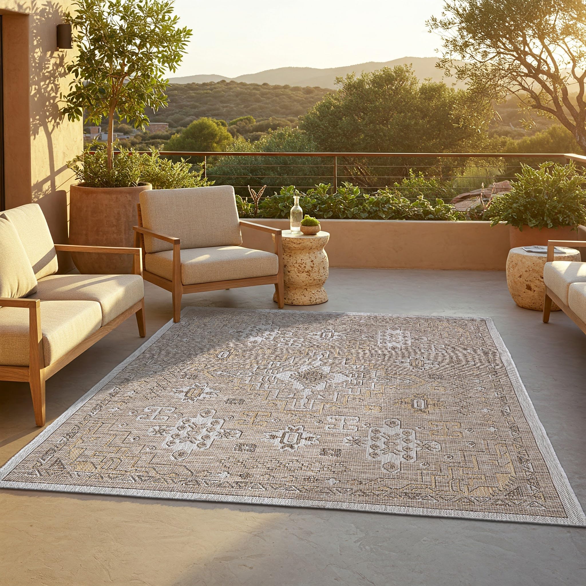 TAPISO Yucana Alfombra Exterior Tejido Plano Robusta Resistente UV Impermeable Interior Exterior Balcón Terraza Jardín Cocina Marrón Beige Marco Ornamental Oriental Moderna 160 x 230 cm