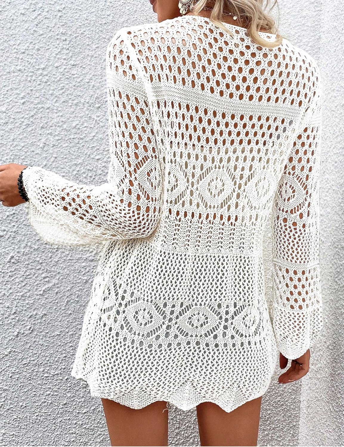 Women Crochet Cardigan Lightweight Tie Front Hollow Out Long Sleeves Summer Knit Cover Cardigans White - Image 4