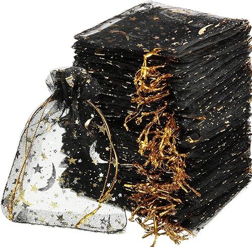 Miniatura 7 de Shappy 150 bolsas de organza con cordón y estrellas de luna, bolsas de regalo de joyería, bolsas de organza con estrellas doradas para Navidad,