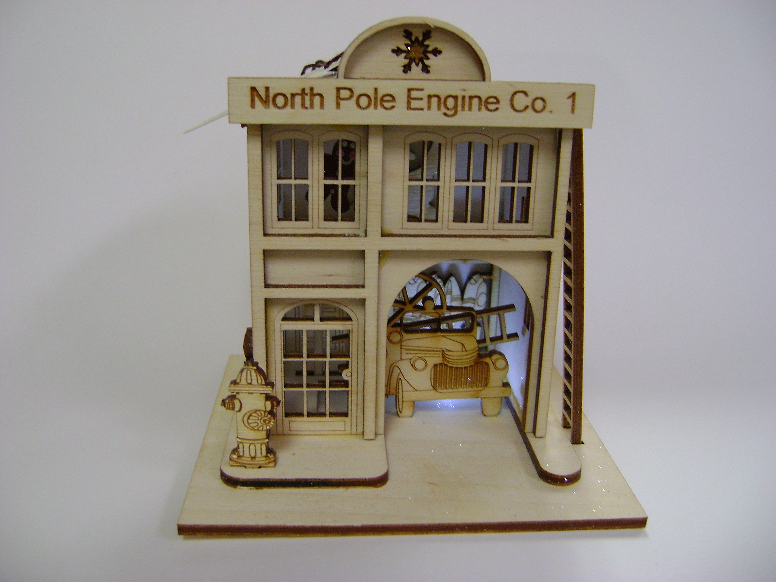 North Pole Engine Company Fire House Wooden Ornament Ginger Cottage