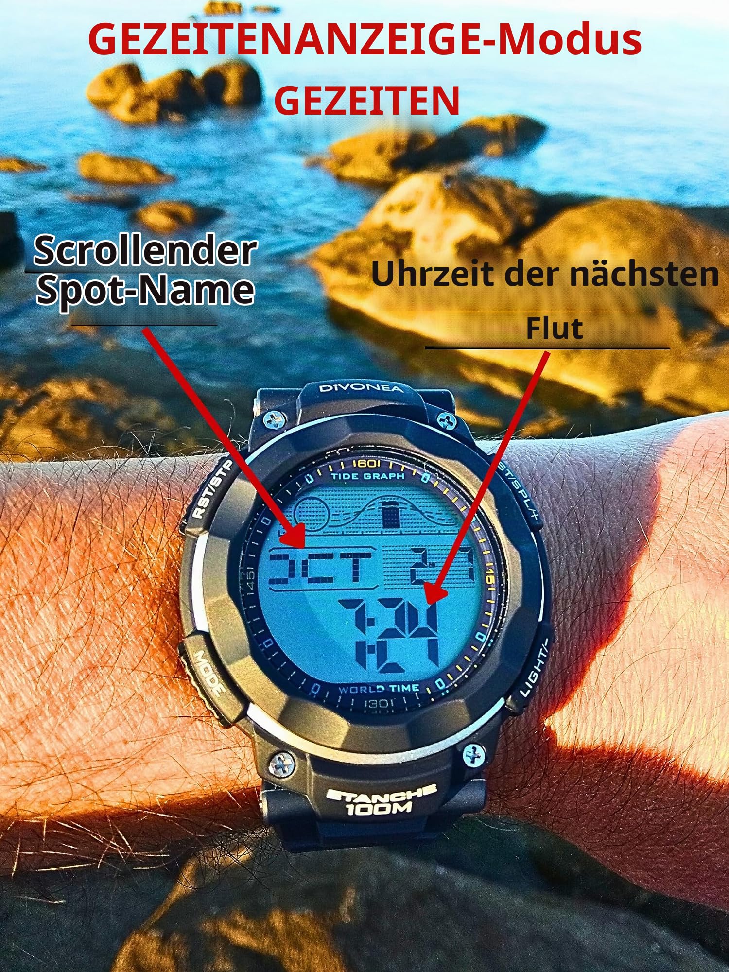 DiVONEA Digitaluhr mit Gezeitenanzeige und Mondphase