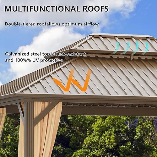 Miniatura 5 de Cenador permanente de 10 x 12 pies, toldo de pérgola de pabellón de doble techo de acero galvanizado para exteriores, con marco de aluminio y