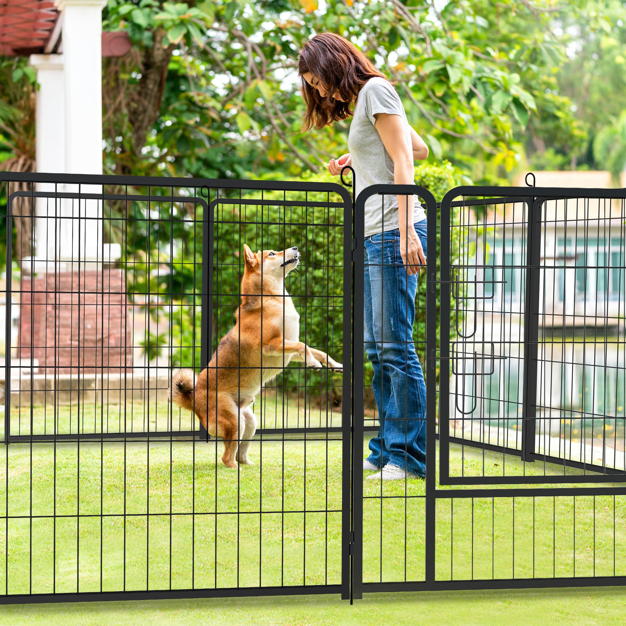 XMTECH Welpenlaufstall 12 Gitter je 80 x 80 cm Freilaufgehege Hundelaufstall, Welpenauslauf mit Türen, flexibel und faltbar, Welpengitter für Wohnung & Garten