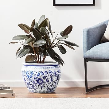 Red Lantern 16 Floral Blue & White Porcelain Fishbowl Planter
