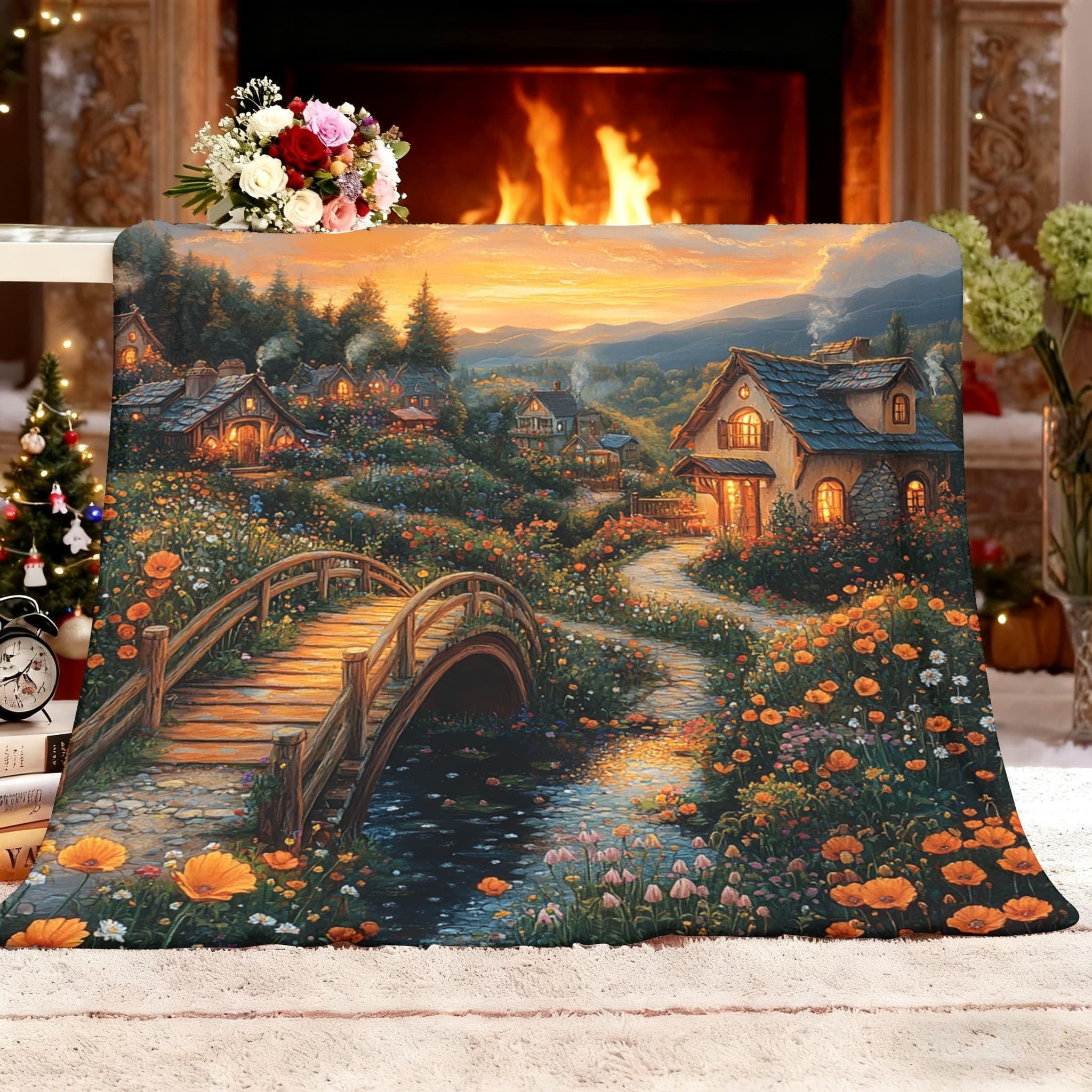 Koc na kanapę łóżko king 180 x 200 cm senne wzgórza drewniane domy rośliny kwiatowe super miękkie przytulne koce pomarańczowy antyalergiczny polarowy narzuta koc flanelowy na wszystkie pory roku
