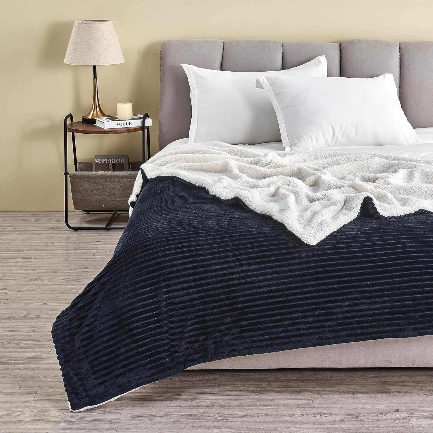 Ribbed Texture Reversible Navy Throw Blanket, Fluffy and