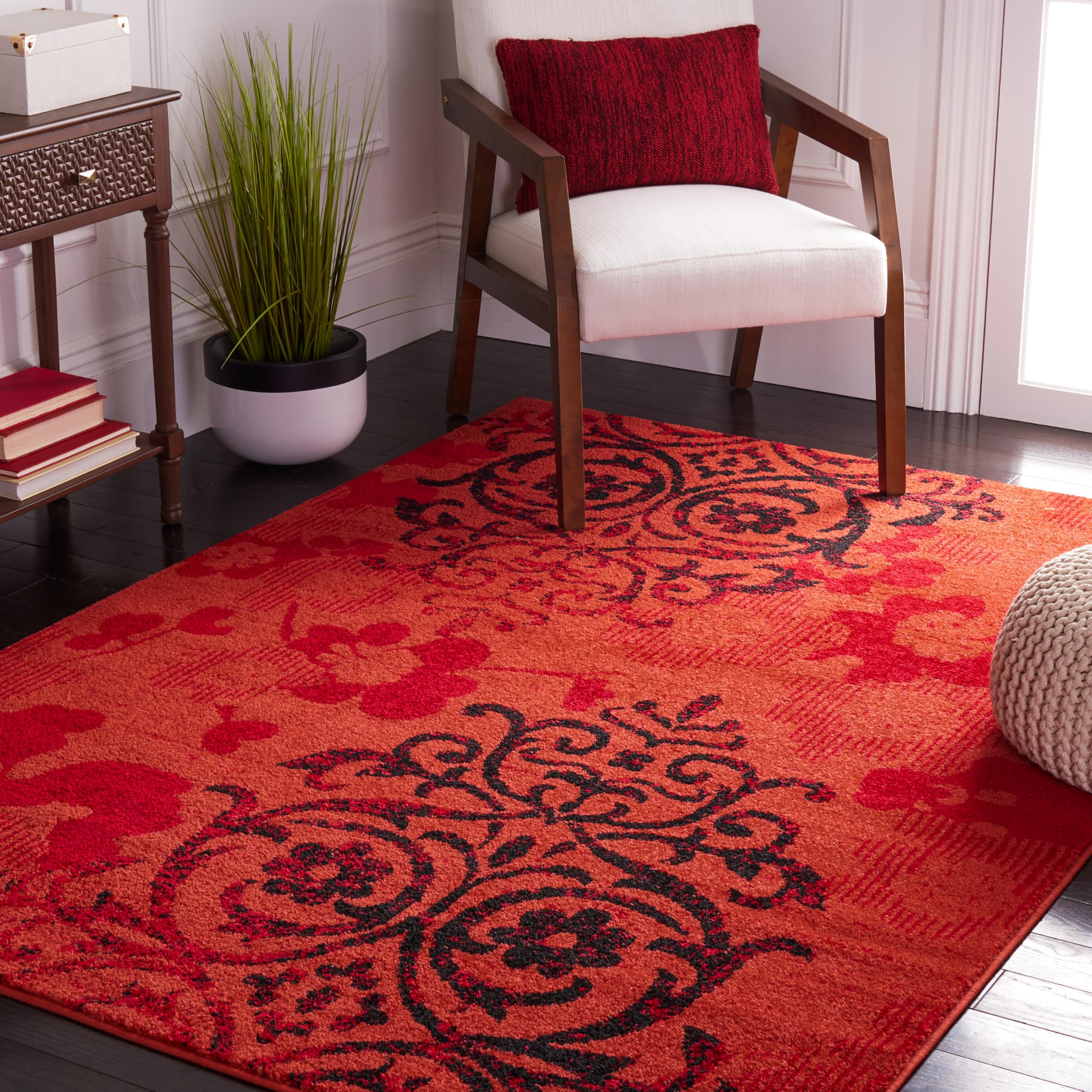 SAFAVIEH Adirondack Collection Area Rug - 6' x 9', Red & Black, Floral Glam Damask Distressed Design, Non-Shedding & Easy Care, Ideal for High Traffic