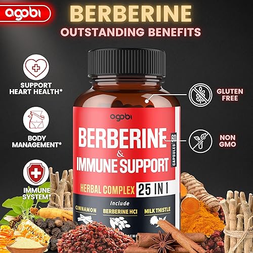 Miniatura 3 de Suplemento de berberina prémium 25 en 1 de 25600 mg con Ceilán, Ashwagandha, cúrcuma, cardo mariano, saúco y pimienta negra, apoya el sistema