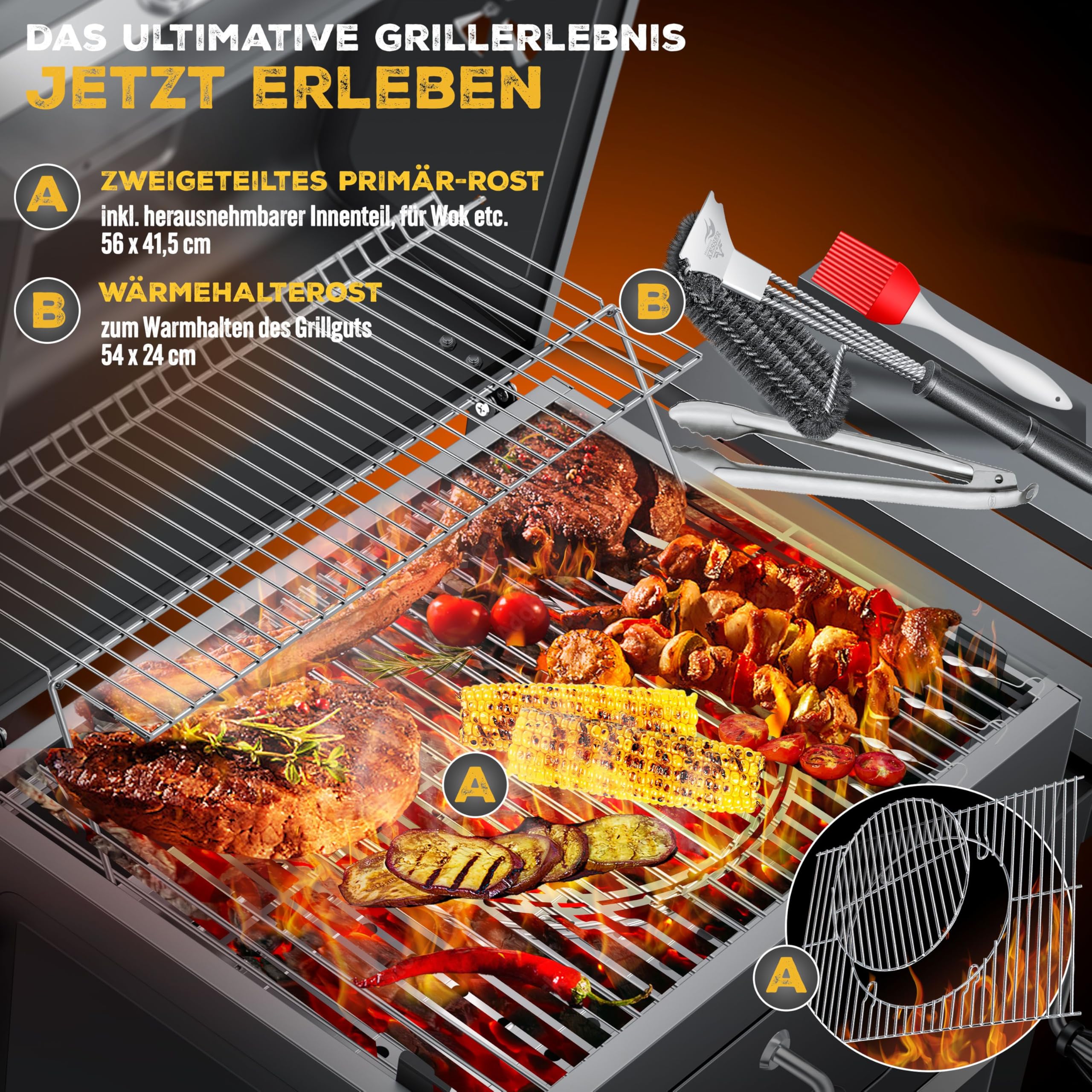 KESSER® Grill Grillwagen BBQ Smoker XL Holzkohlegrill mit Deckel, Rädern, Edelstahl-Griff, Grillrost, Thermometer, & Silikon-Pinsel, Standgrill, Kohlegrillwagen
