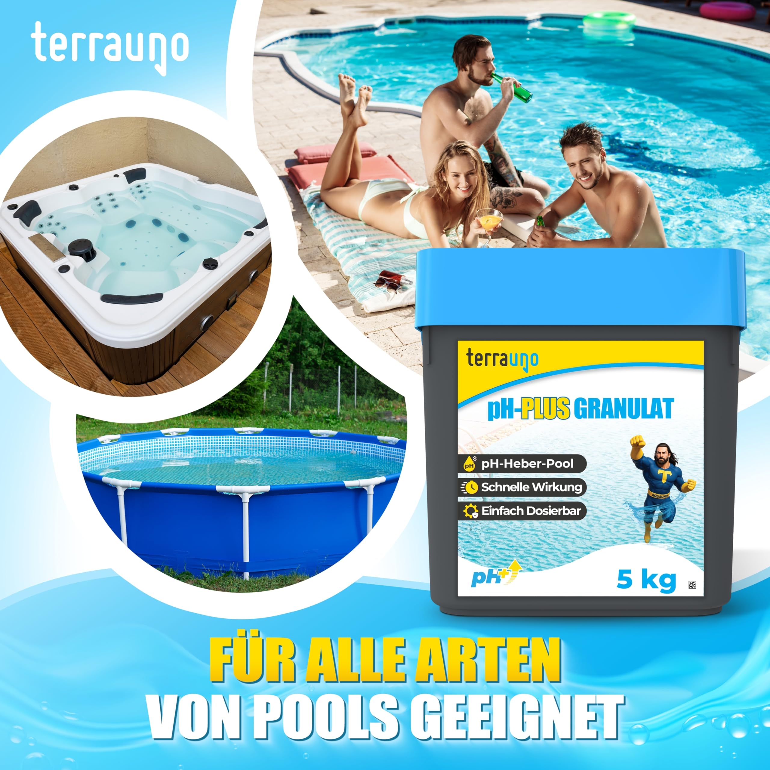 TerraUno pH Plus Granulat 5 kg pH Heber Pool schnelllöslich pH-Anhebung Wasserqualitätsverbesserung Poolpflege