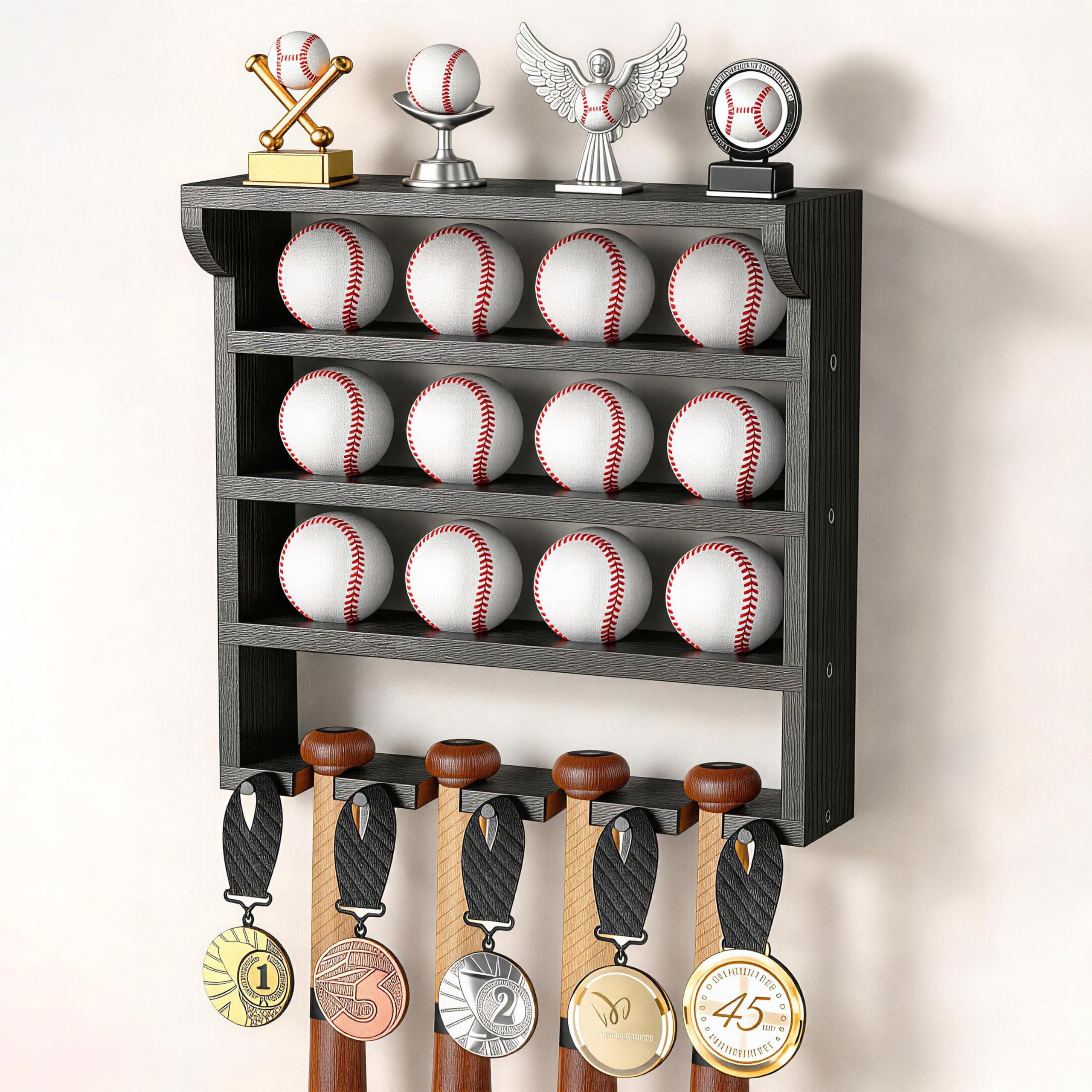 Baseball Display Case with Baseball Bat Holder, 3-in-1 Wall Mount Baseball Holder for Ball, Bat and Medal Display, Wall Mount Baseball Shadow Box for Trophies and Memorabilia