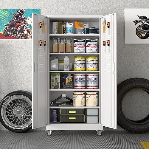 Miniatura 2 de Aobabo Gabinete de almacenamiento de metal con ruedas, gabinete de almacenamiento de oficina resistente con cerradura, gabinete de acero con 2