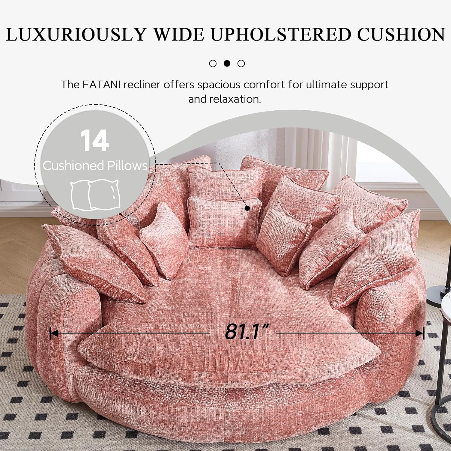 81.1" W Oversized Round Chair, Swivel Accent Chair Extra Large Knitted Chenille Living Room Chair (Pink)