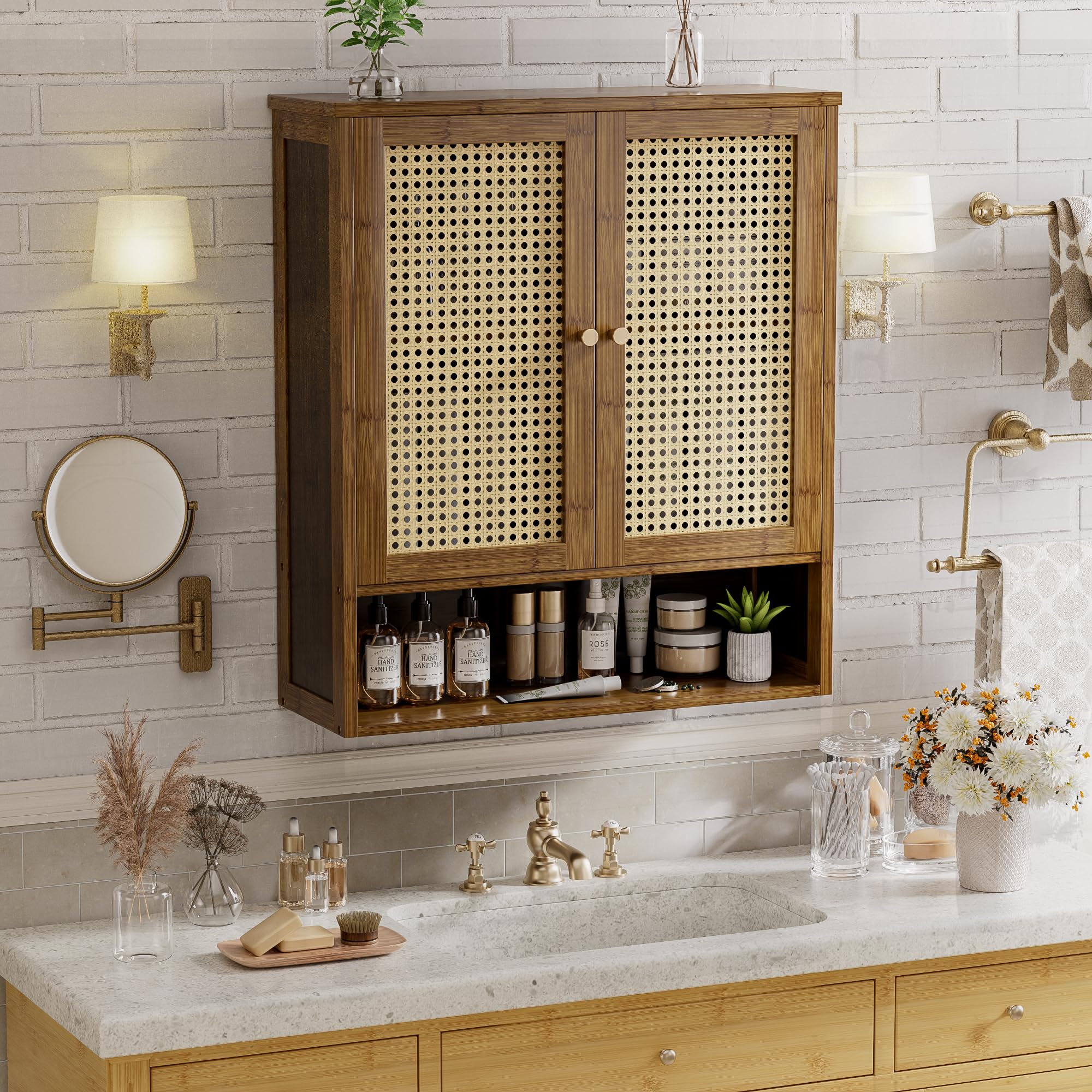 Armoire Murale de Salle de Bain en Bambou avec 2 Portes en rotin et étagère réglable, Armoire à Pharmacie économiseur d'espace pour Linge, Cuisine, Salon (Noyer)