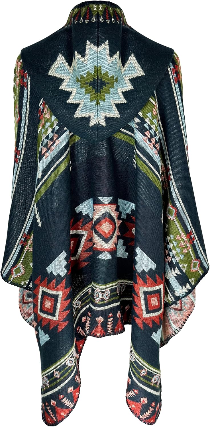 CATCHY & CRAFTY Poncho for Women Shawl Wrap Ruana Cardigan Hooded Cape Western Aztec - Image 3