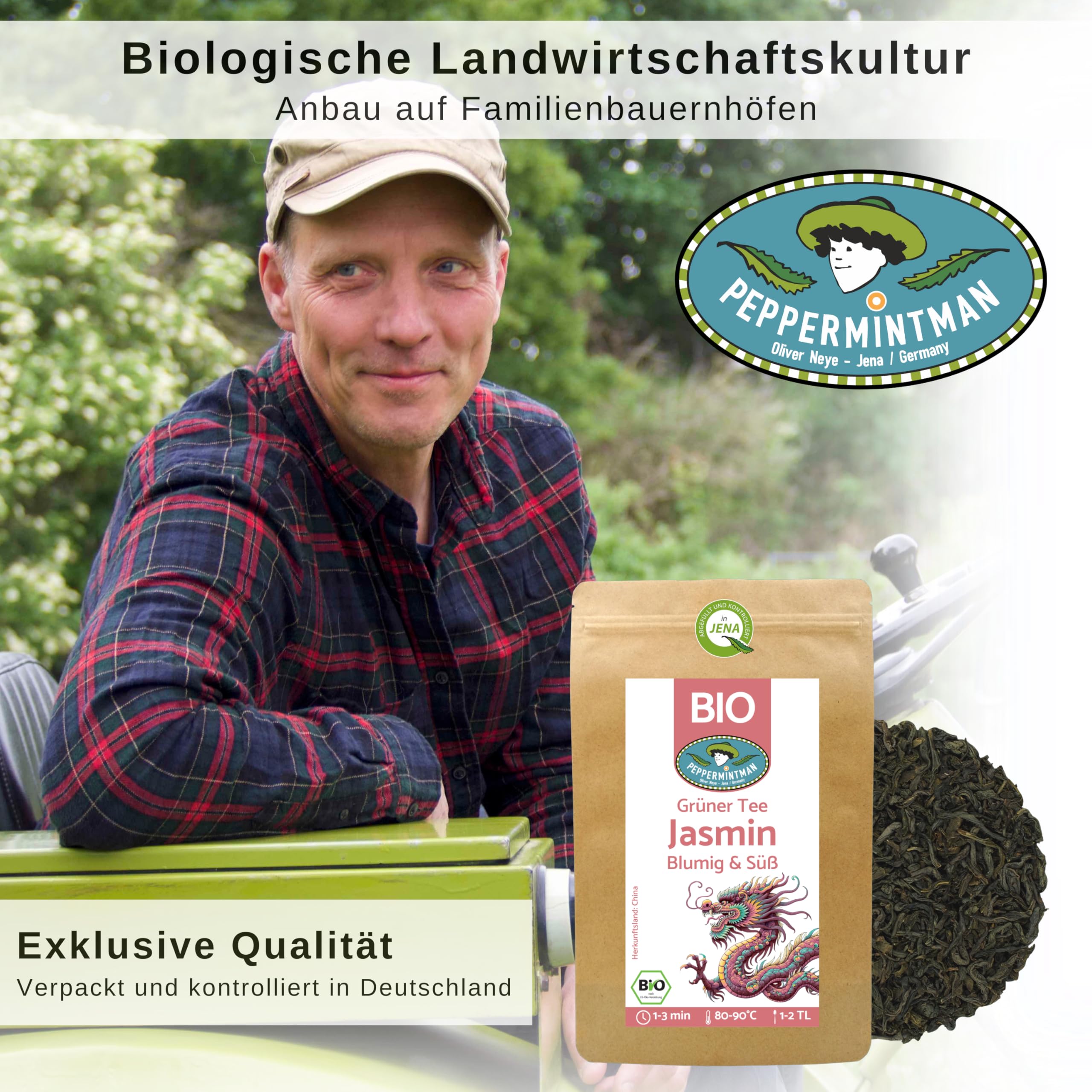 Bio Jasmintee 1kg - Grüner Tee lose - traditionell und natürlich aromatisiert mit frischen Jasminblüten - aus dem chinesischen 'Goldenen Dreieck' des Teeanbaus - PEPPERMINTMAN