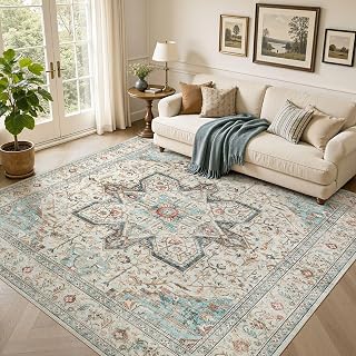 Tortania 8' Square Area Rug Living Room Rugs - Washable Boho Rug Vintage Oriental Distressed Farmhouse Large Thin Indoor Carpet for Bedroom Under Dining Table Home Office - Aqua Multi