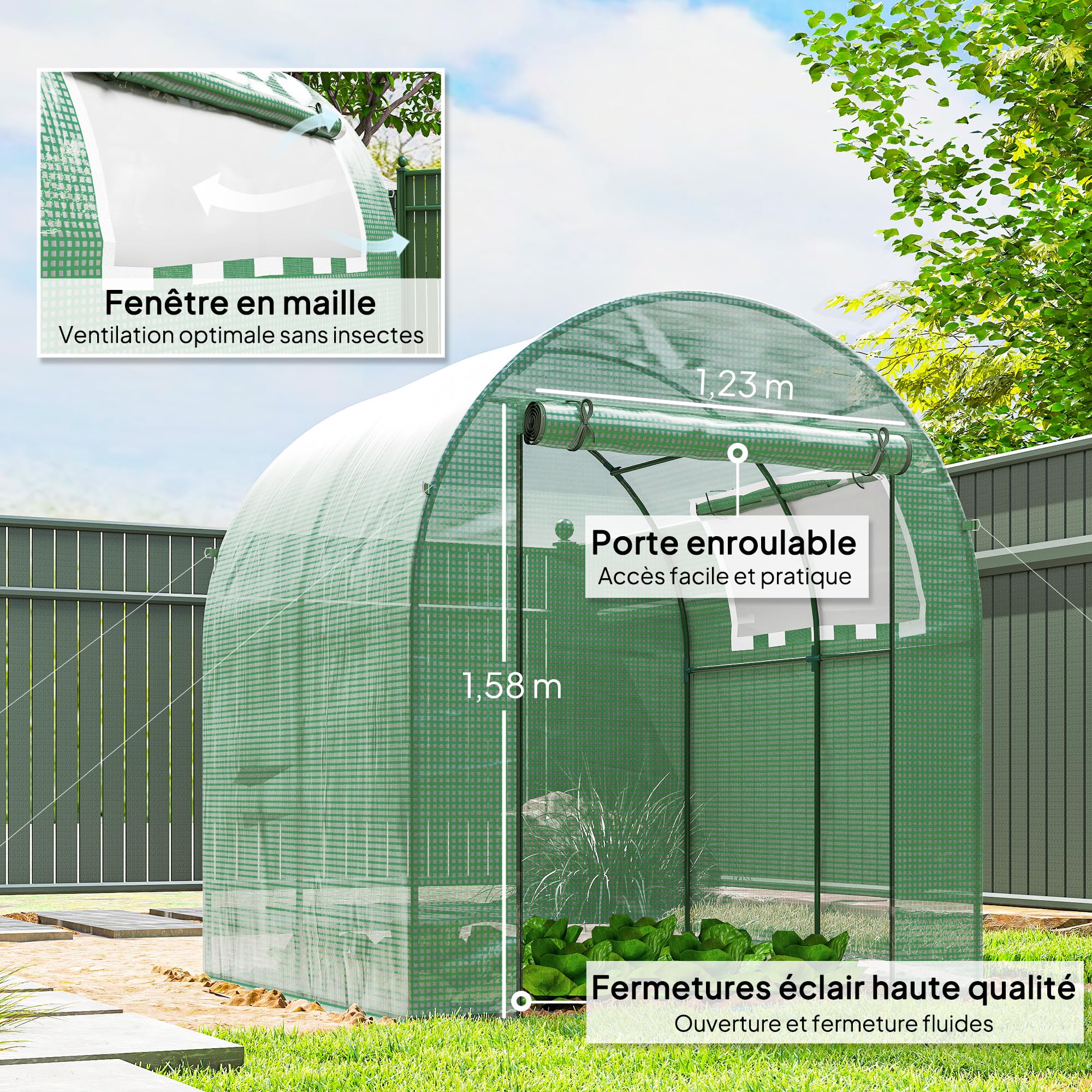 Outsunny Serre tunnel de jardin 3,24m² 180x180x200cm cadre acier porte fenêtre enroulables bâche PE verte