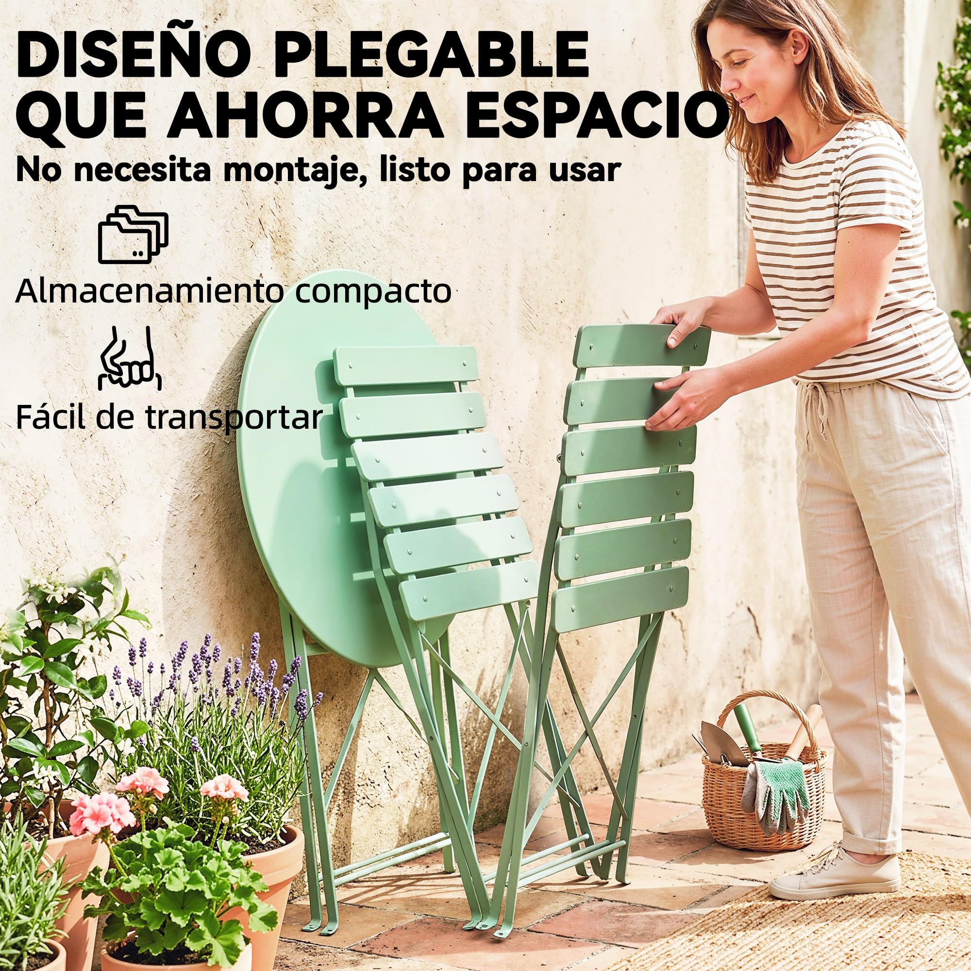 Outsunny Conjunto de Mesa y Sillas de Terraza Exterior Plegable 3 Piezas, Muebles de Jardín Exterior con 2 Sillas Plegables, Mesa Redonda, Estructura Metálica Electrofórica para Patio, Balcón, Verde