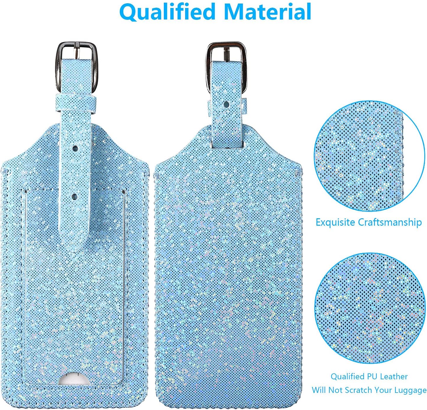 ACdream Luggage Tags 2 Pack, Leather Suitcase Tags Identifiers, Cute Cruise ID Labels with Privacy Cover fits on Backpack, Travel Bag, for Women, Men, Adults, Kids, Sky Blue Glitter