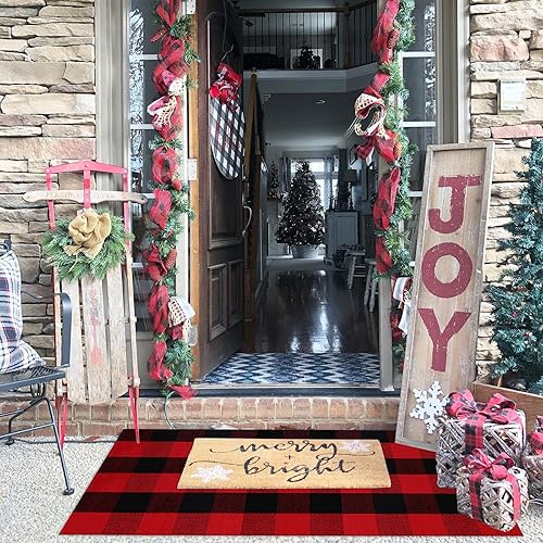 Miniatura 2 de Alfombra de Navidad a cuadros para exteriores, 2 x 4 pies 3 pulgadas, rojo y negro, alfombra de área para interiores y exteriores, alfombra de capas