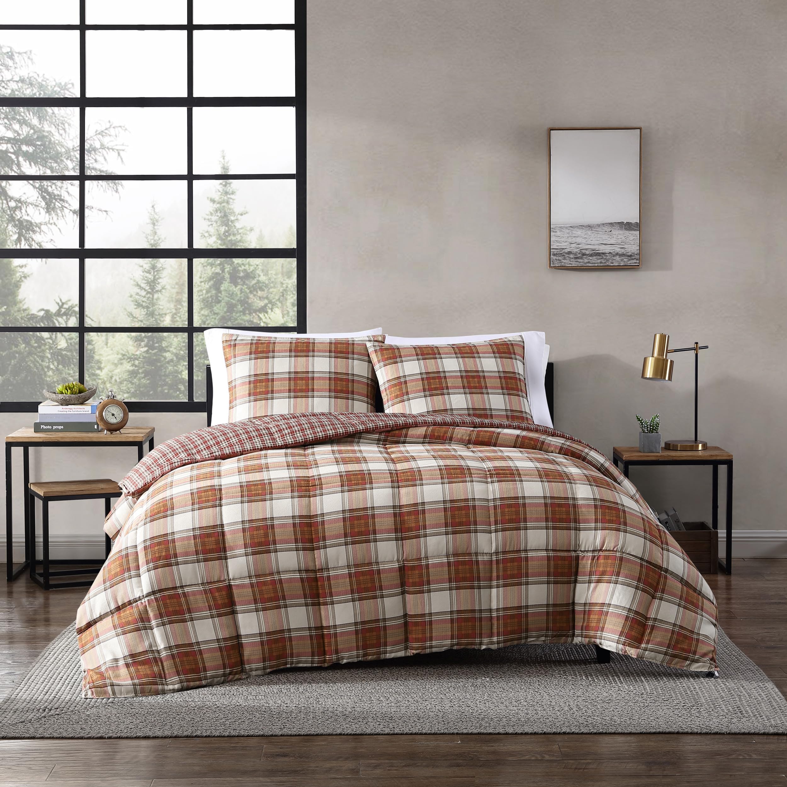 King Duvet Cover Set, Reversible Cotton Bedding with Matching Shams, Stylish Home Decor for All Seasons (Edgewood Red, King)