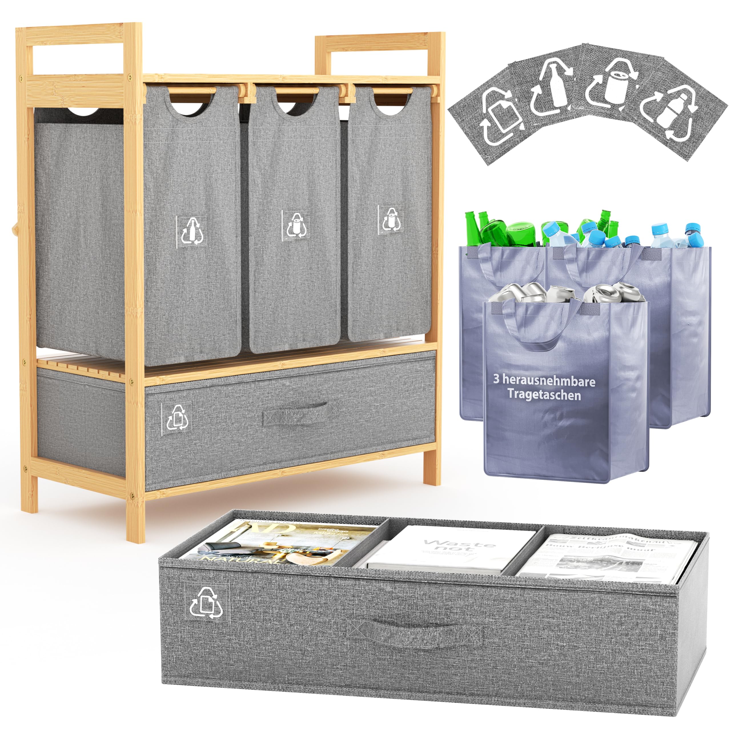 Mülleimer Küche 4 Fächer - Mülltrennsystem 4fach - Küchenmülleimer | MY FAT GORILLA Küchen Mülleimer - Mülltrennsysteme für PET, Glas, Dosen & Altpapier - Mülltrennsystem (Grau)