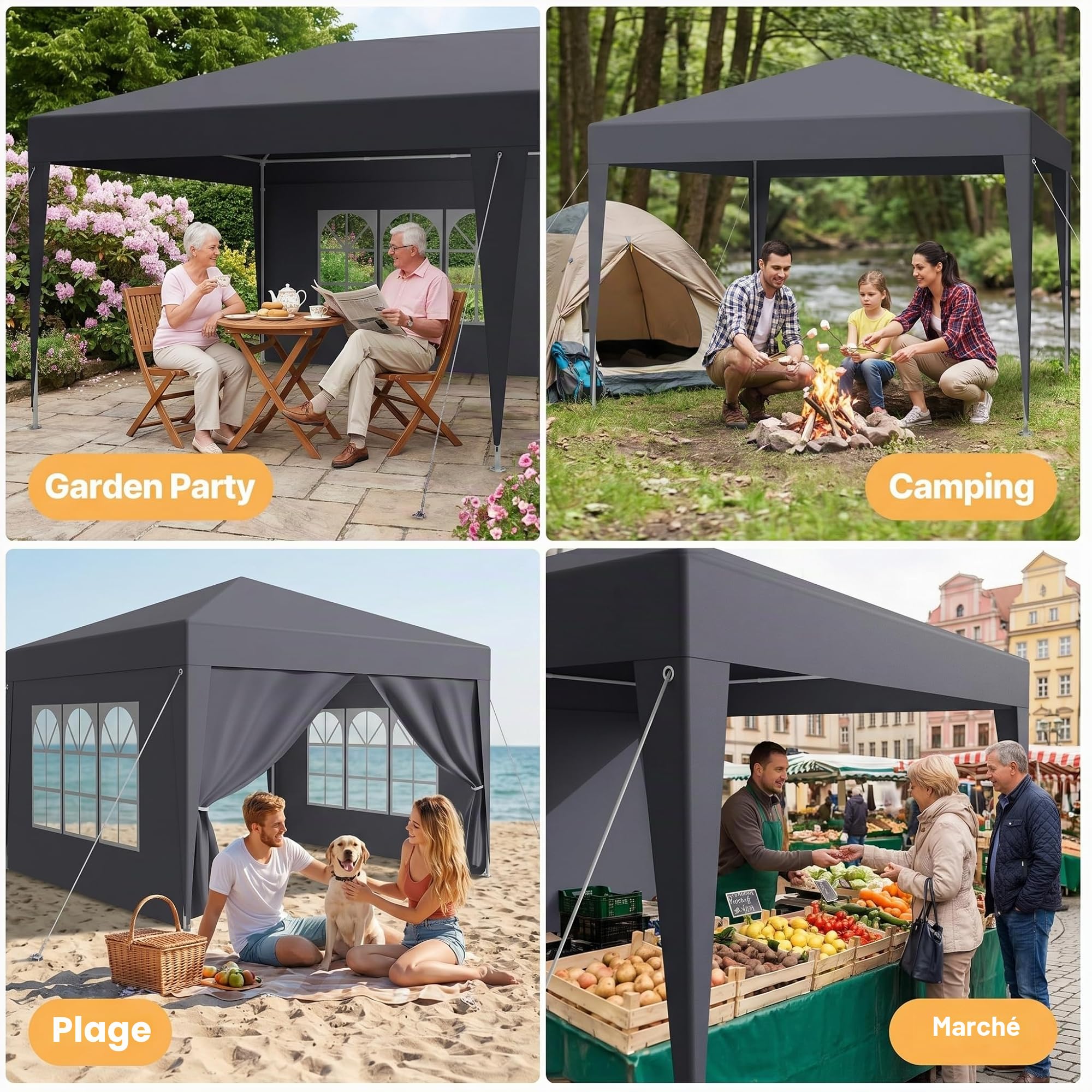 Tonnelle Pliable 3 x 6 m, imperméable, Stable, résistante à l'hiver, avec Panneaux latéraux Amovibles, Protection UV et Coupe-Vent, tonnelle de Jardin, Tente de fête, pour marché, Festival