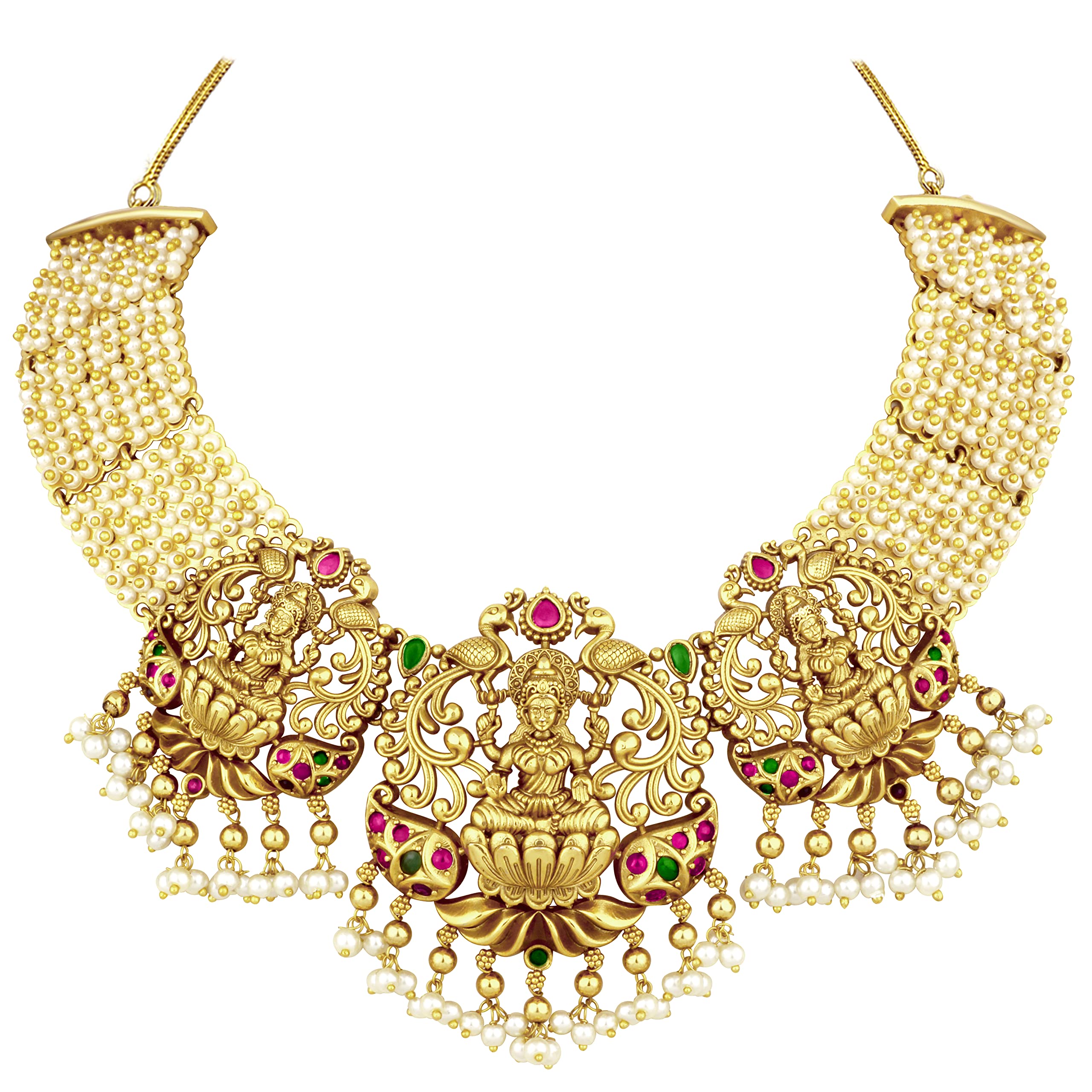 Brass Pearl Necklace Earring Temple Jewellery Set