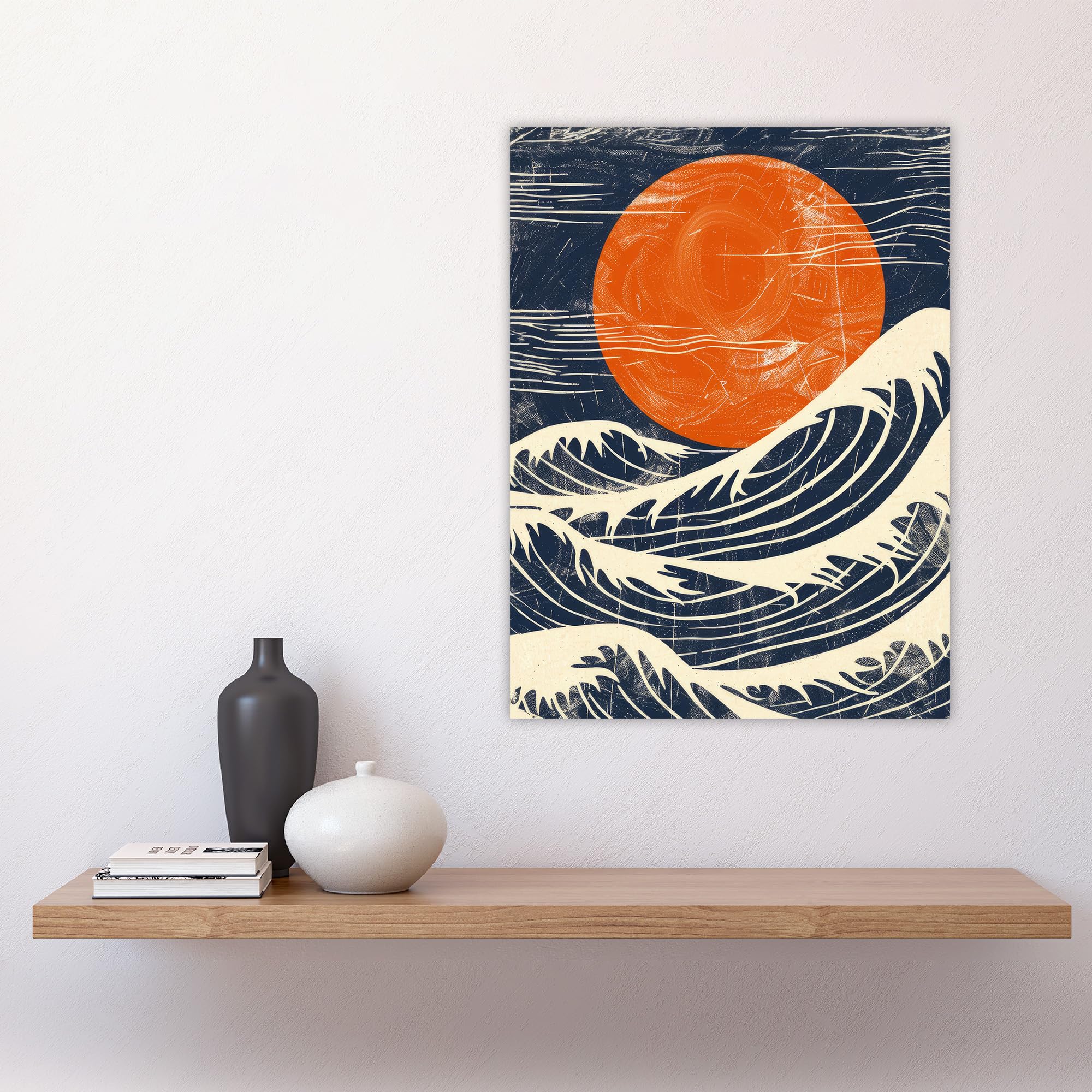 Artery8 Sun and Waves Japanese Style Orange Blue Seascape Living Room Bathroom Large Wall Art Poster Print Thick Paper 18X24 Inch - Image 4