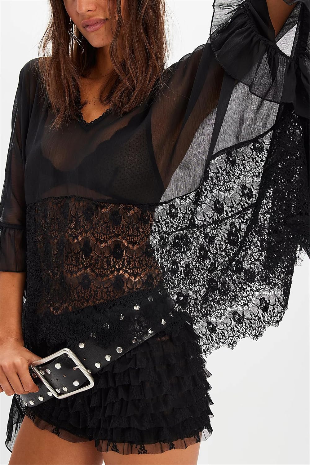 Women Sheer Mesh Floral Lace Shirt Boho Loose Fit Batwing Sleeve Blouse Fairy Flowy Ruffled Poncho Top Streetwear - Image 2