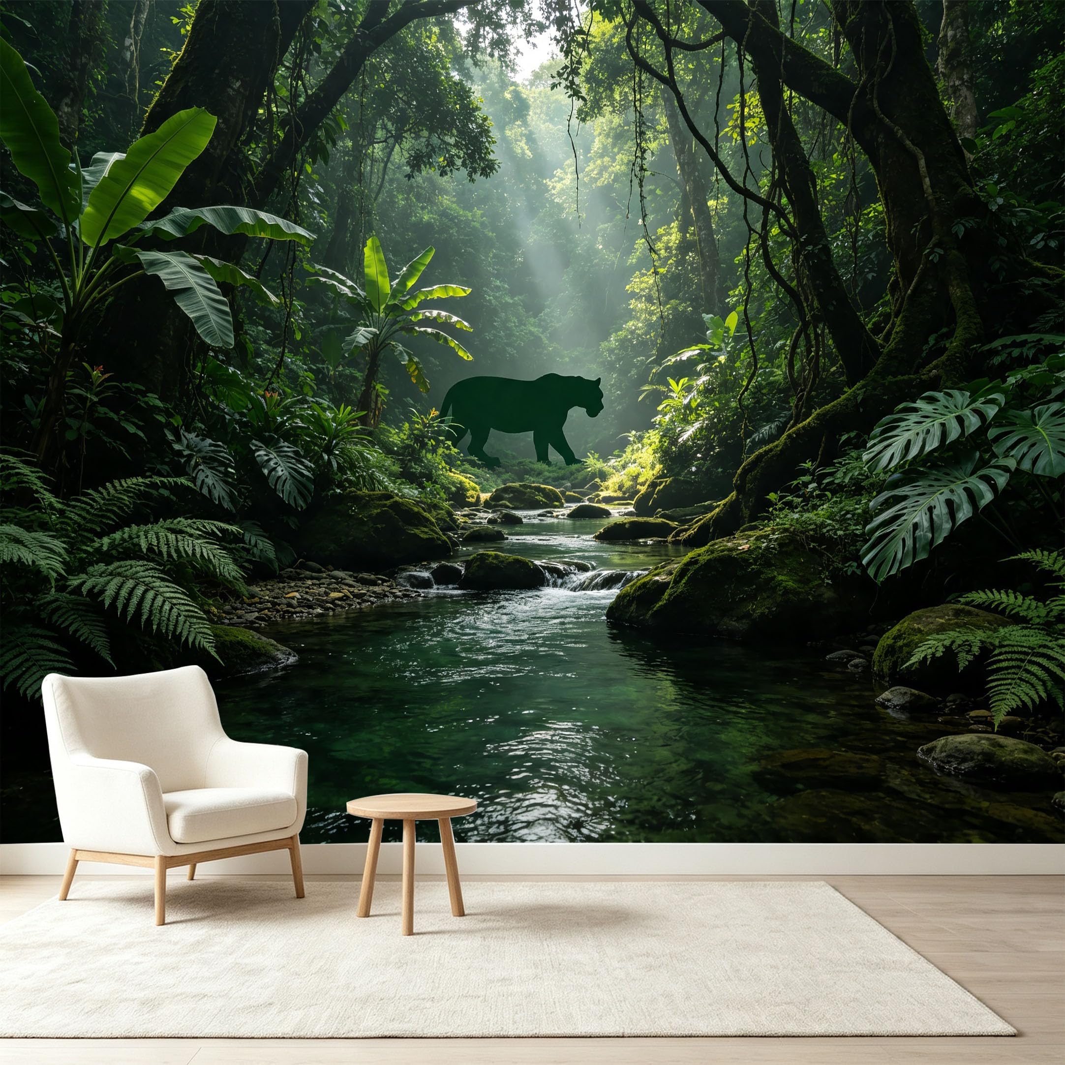 Custom Size Wall Murals Tropical Jungle Rainforest Wildlife River Silhouette Self-Adhesive Wall Fabric Removable Wallpaper Wall Decor for Living Room Bedroom Bathroom