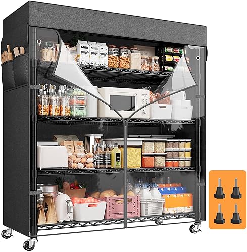 REIBII Estantes de almacenamiento de 72.8 pulgadas de alto con cubierta y ruedas, estantería de alambre resistente para despensa, garaje, cocina,