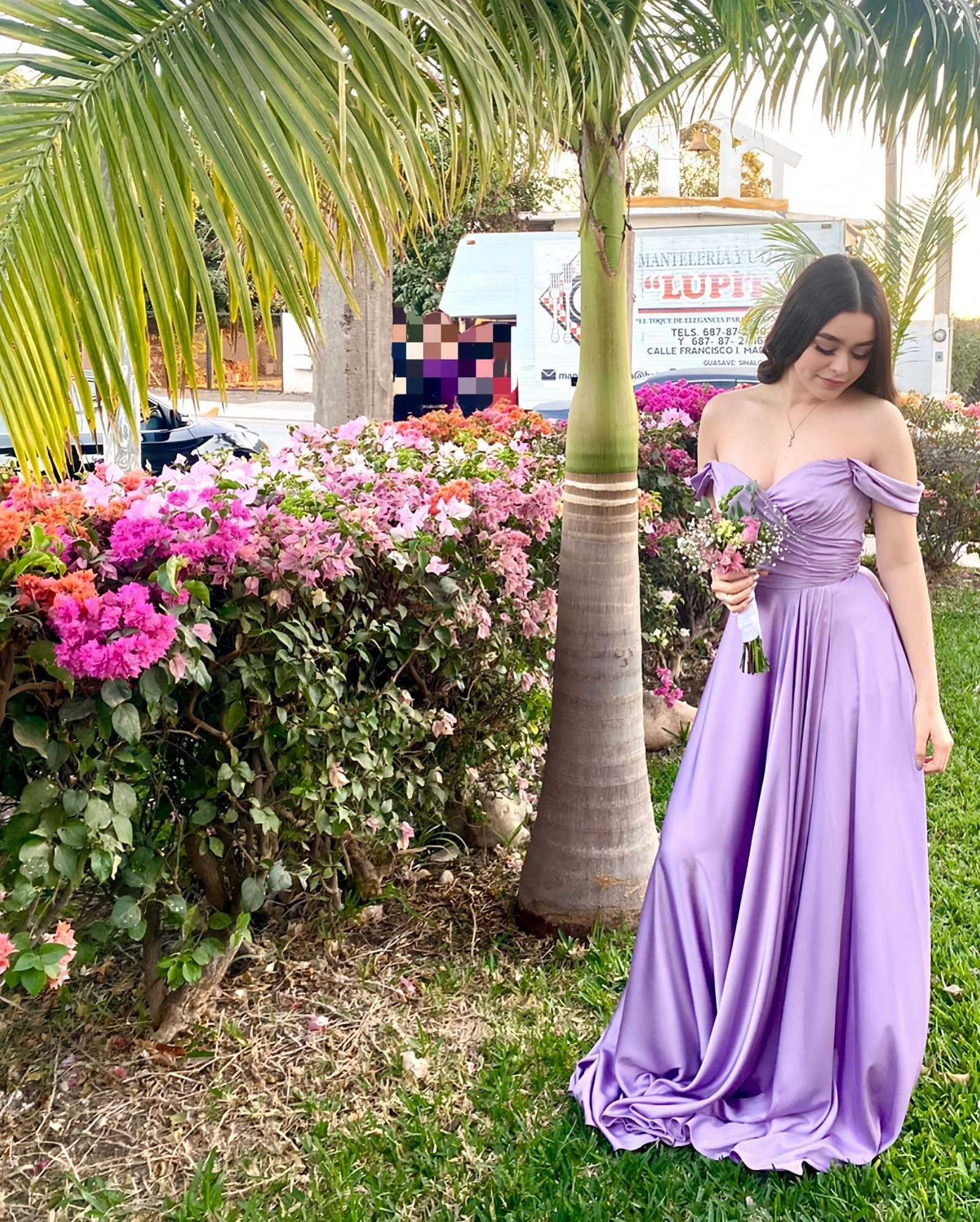 Women's Off The Shoulder Bridesmaid Dresses with Slit Satin Formal Gowns Long Prom Evening Party Dress with Pockets
