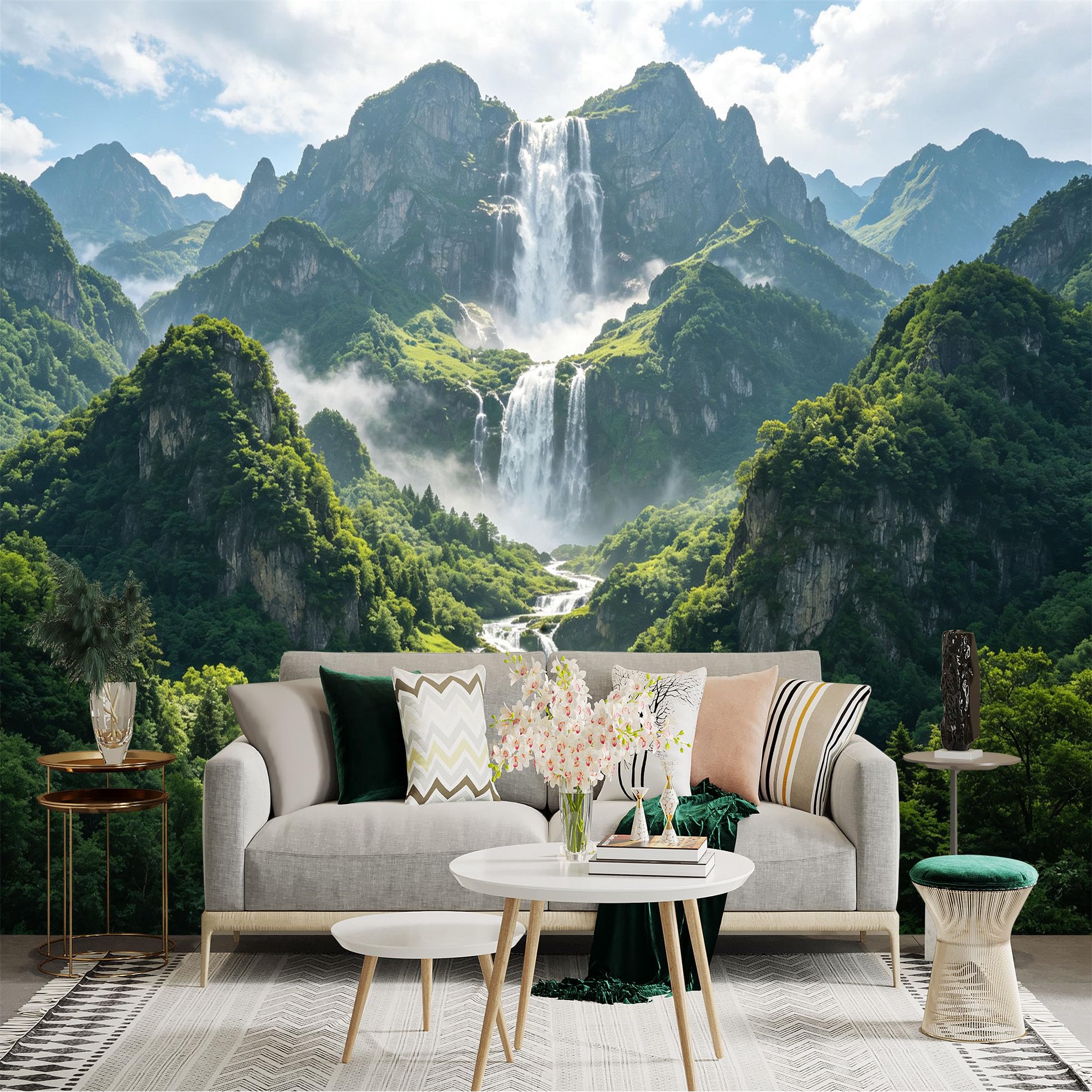 Custom Size Wall Sticker Mural， Majestic Waterfall in Lush Mountains， Misty Green Forest Valley， Tropical Blue Lake Scenery， for wall Decoration， peelandstick wall Decals.