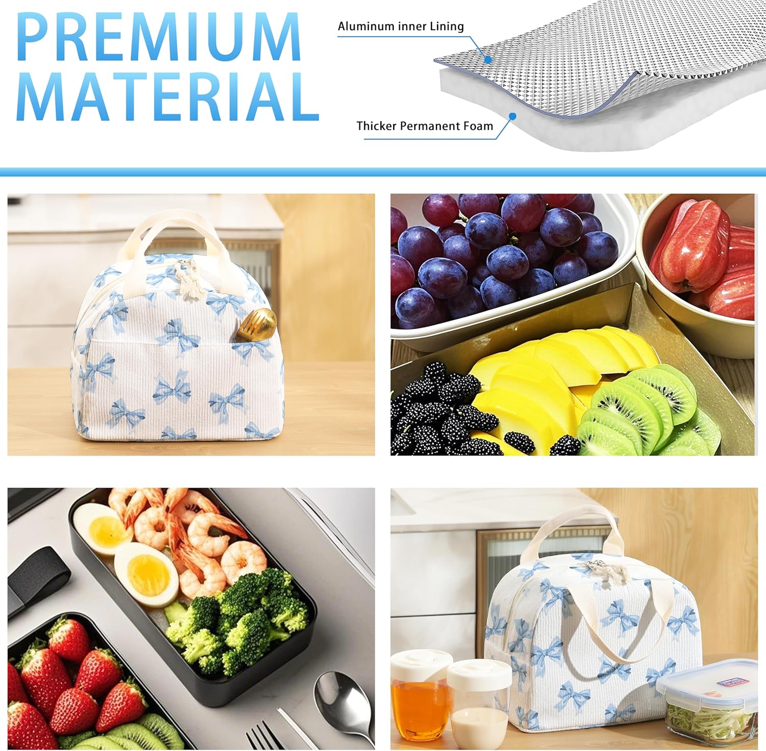 lunch bag for women,bento box adult for work,insulated lunchbox cooler containers,leakproof corduroy lunchbag,lunch tote for school college offices,outdoor picnic travel (Blue Bow Tie) - Image 4