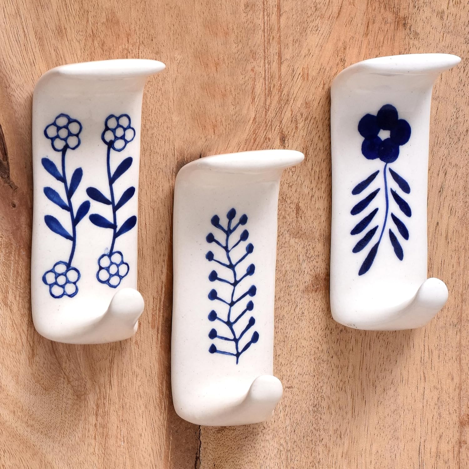 Indian Shelf Boho Ceramic Adhesive Wall Hooks - Damage-Free Decorative Blue Pottery Hangers for Keys & Towels, Renter-Friendly Stick-On Home Décor - 3 Hooks with 6 Strips(Style 1)