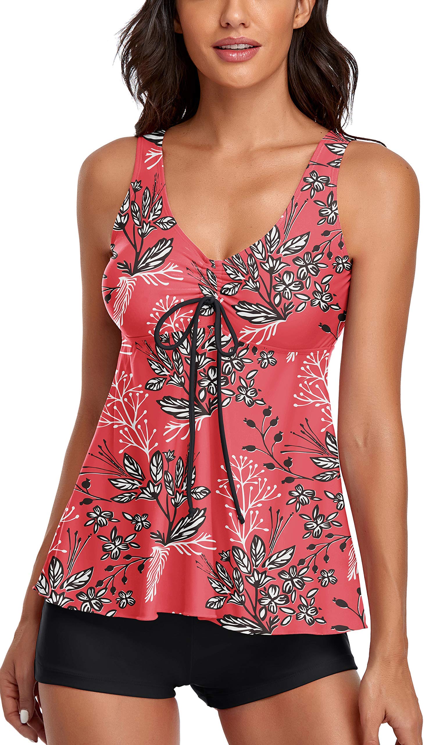 omichic Tankini Swimsuits for Women Two Piece Bathing Suits Vintage FloralTank Top with Boyshorts Tummy Control Swimming Red XX-Large-picture-24