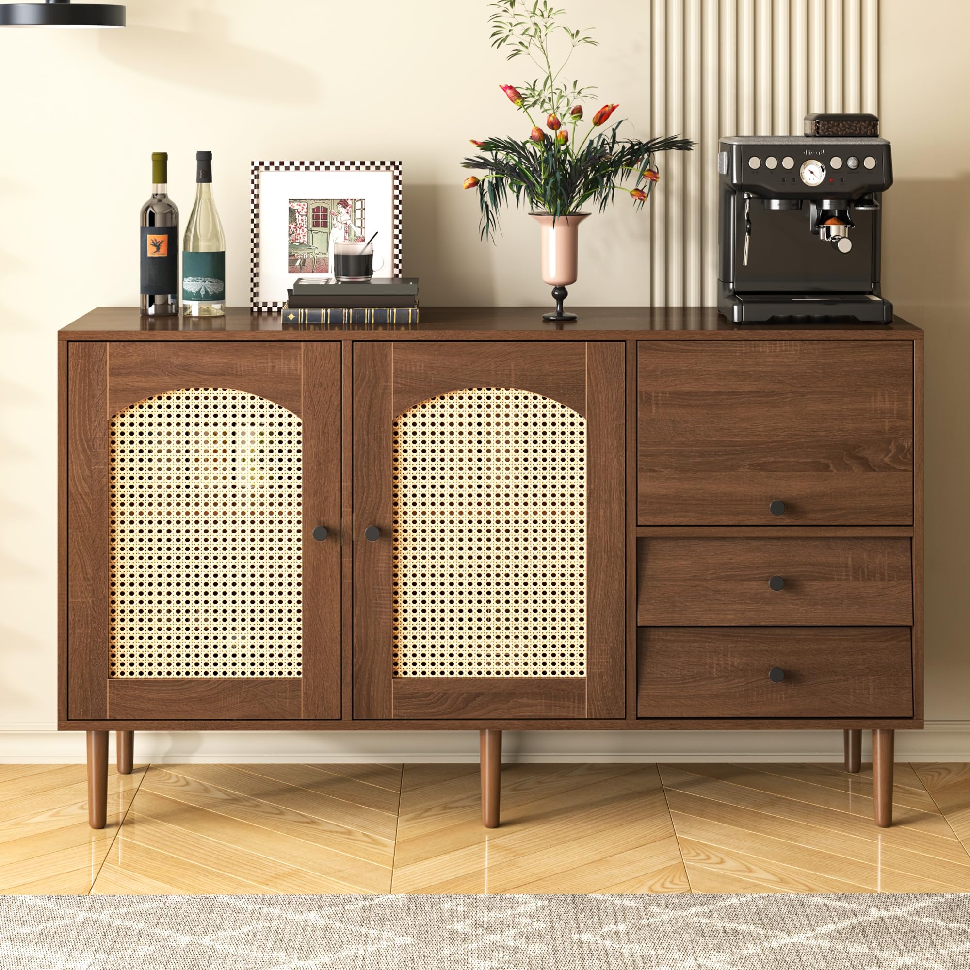 Credenza in stile country con ante in rattan cassettiera ripiani regolabili mobile per soggiorno camera da letto sala da pranzo mobile buffet colore legno