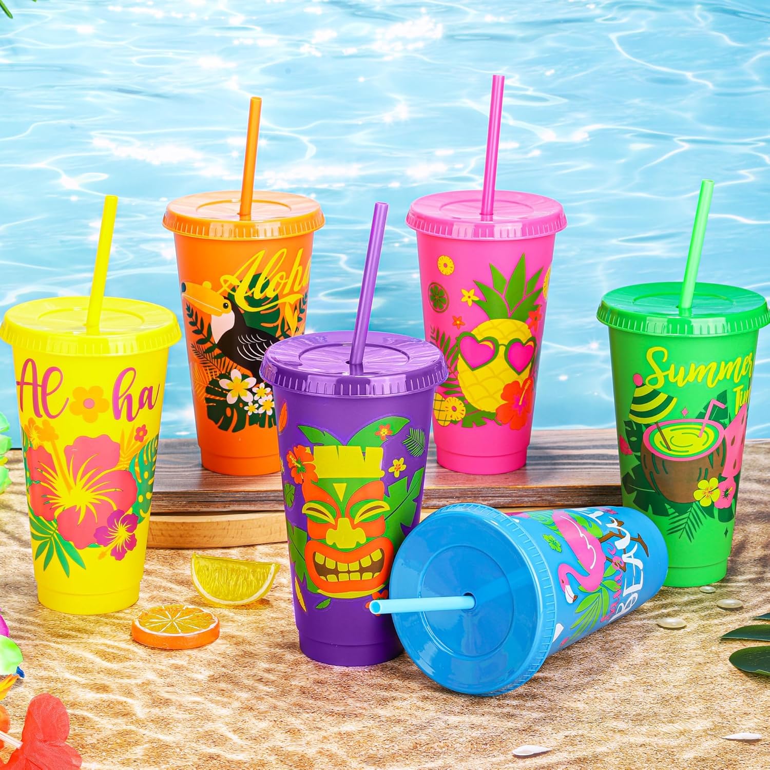Kochorie 24 Pieces Hawaiian Plastic Cups with Lids and Straws 24 oz Reusable Party Cups Tumblers Bulk Iced Coffee Drinking Cups Water Bottle Travel Mug for Birthday - Image 5